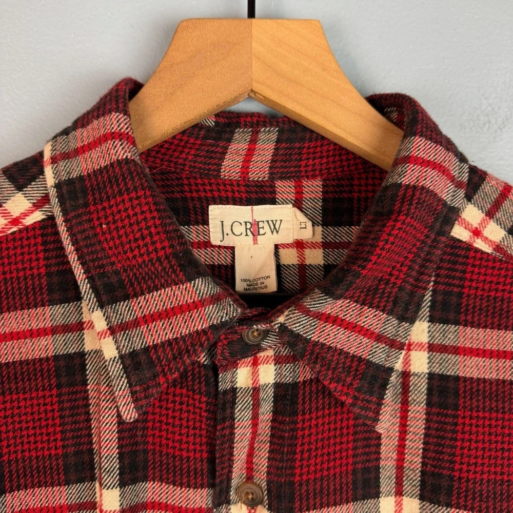 J. Crew Oarsman Flannel Shirt Men Large Tall Red Tan Plaid Long Sleeve Button Up